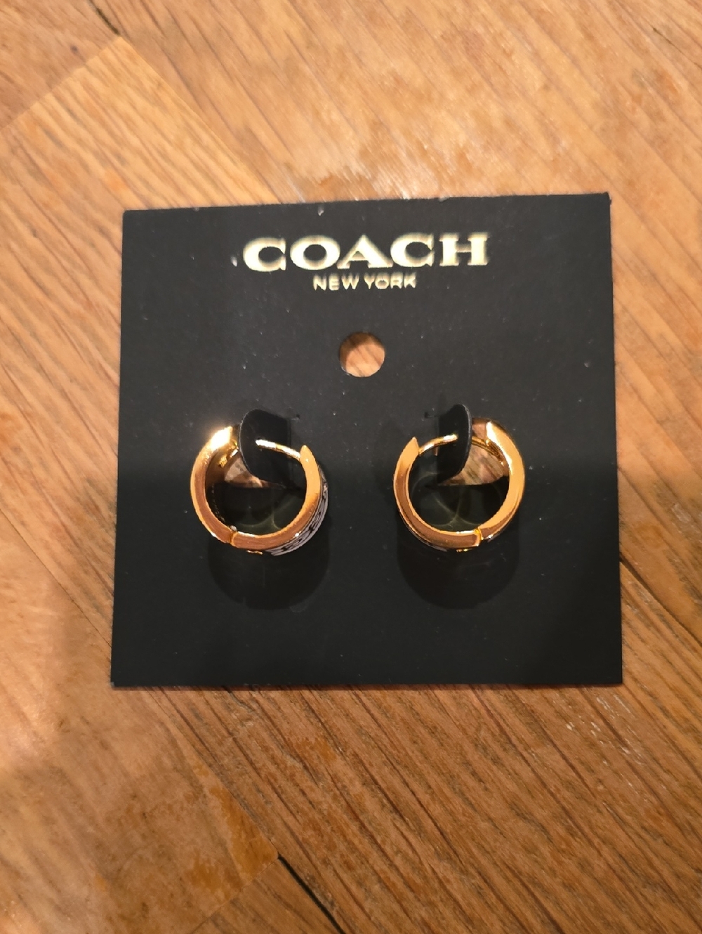 Coach Gold-Tone and White Hoop Earrings & Dustbag - Picture 2 of 5